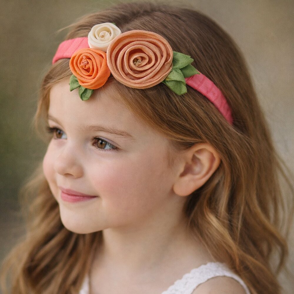 NEW Stunning‎ Handmade Girls Headband Coral Peach Ivory Silk Flowers